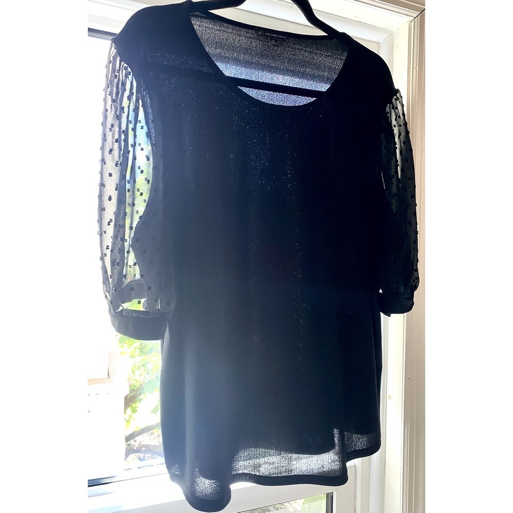 ADRIANNA PAPELL Black Blouse with Sheer 3/4 Sleeves With Dots Sz XL Top Coquette